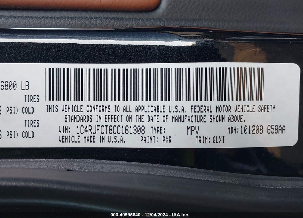 2012 JEEP GRAND CHEROKEE OVERLAND VIN: 1C4RJFCT8CC161308