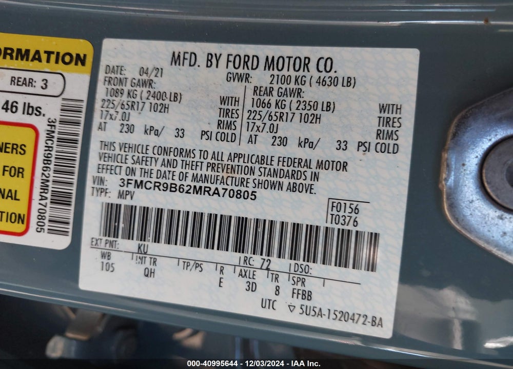 2021 FORD BRONCO SPORT BIG BEND VIN: 3FMCR9B62MRA70805