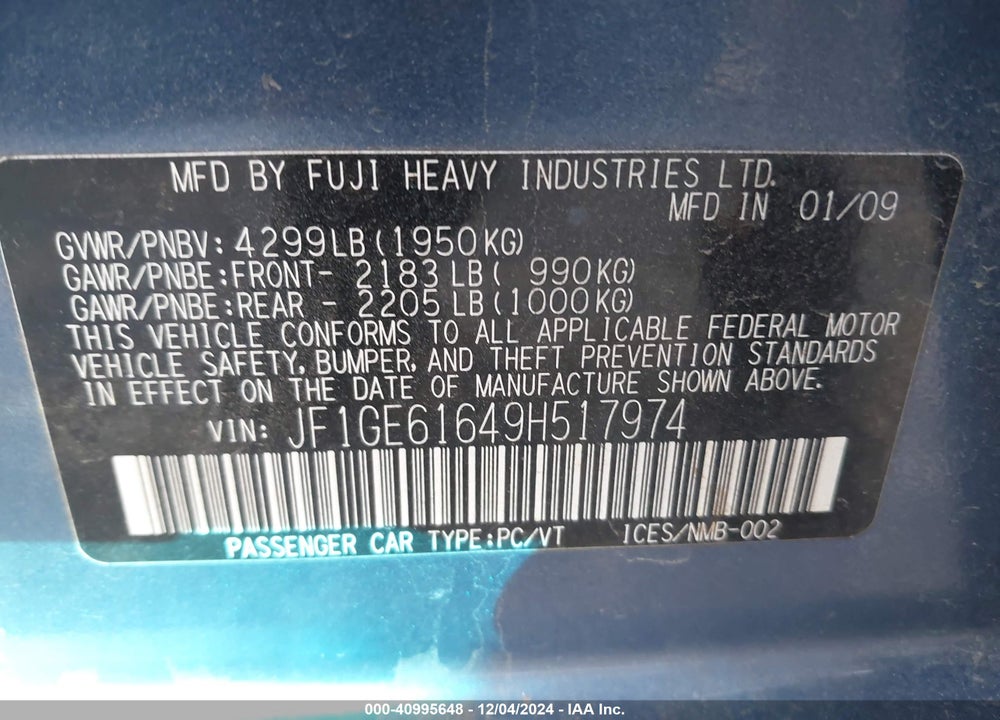 2009 SUBARU IMPREZA 2.5I VIN: JF1GE61649H517974