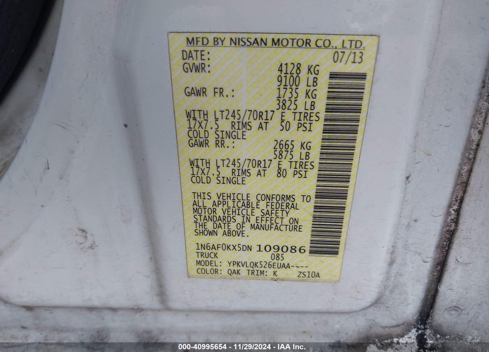 2013 NISSAN NV CARGO NV2500 HD S V8 VIN: 1N6AF0KX5DN109086