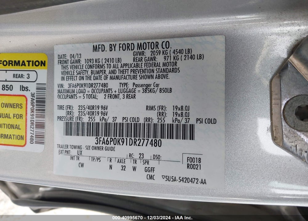 2013 FORD FUSION TITANIUM VIN: 3FA6P0K91DR277480
