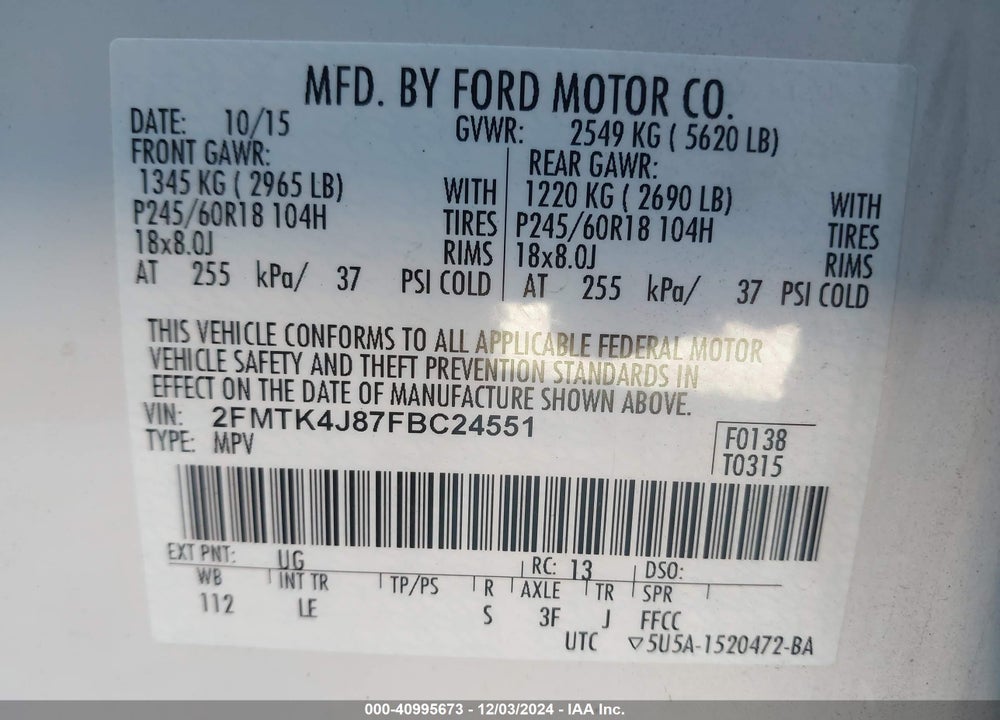 2015 FORD EDGE SEL VIN: 2FMTK4J87FBC24551