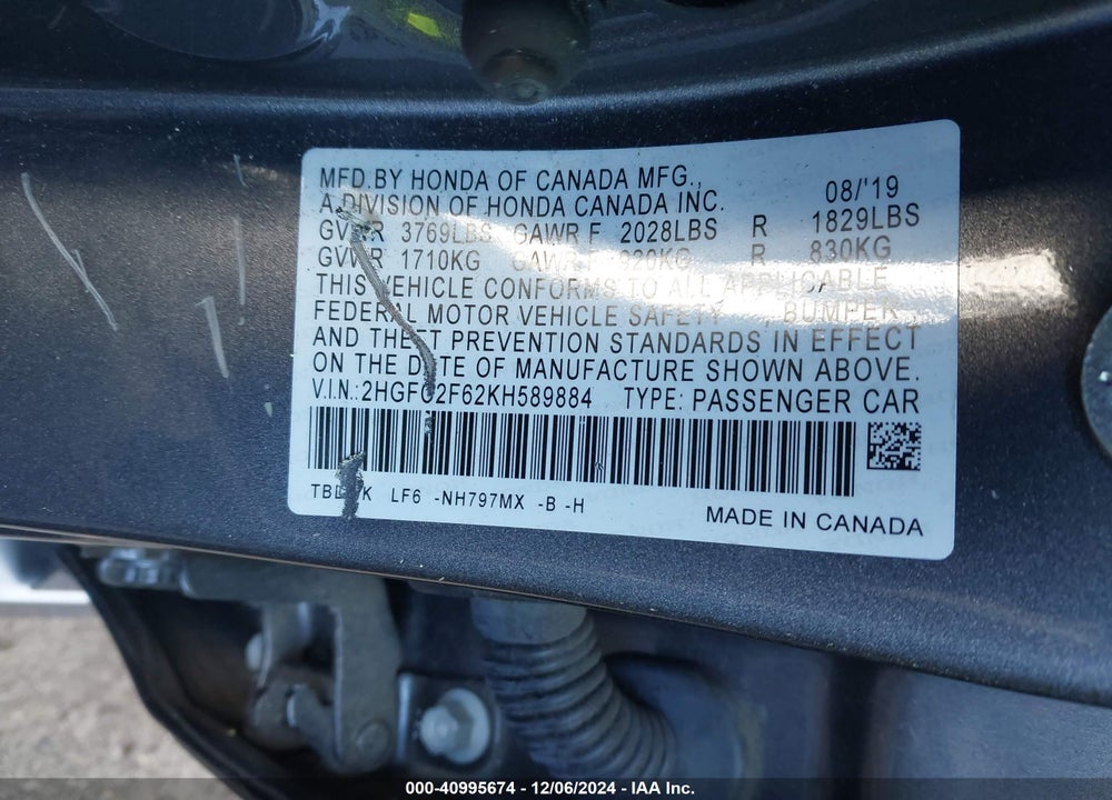 2019 HONDA CIVIC LX VIN: 2HGFC2F62KH589884