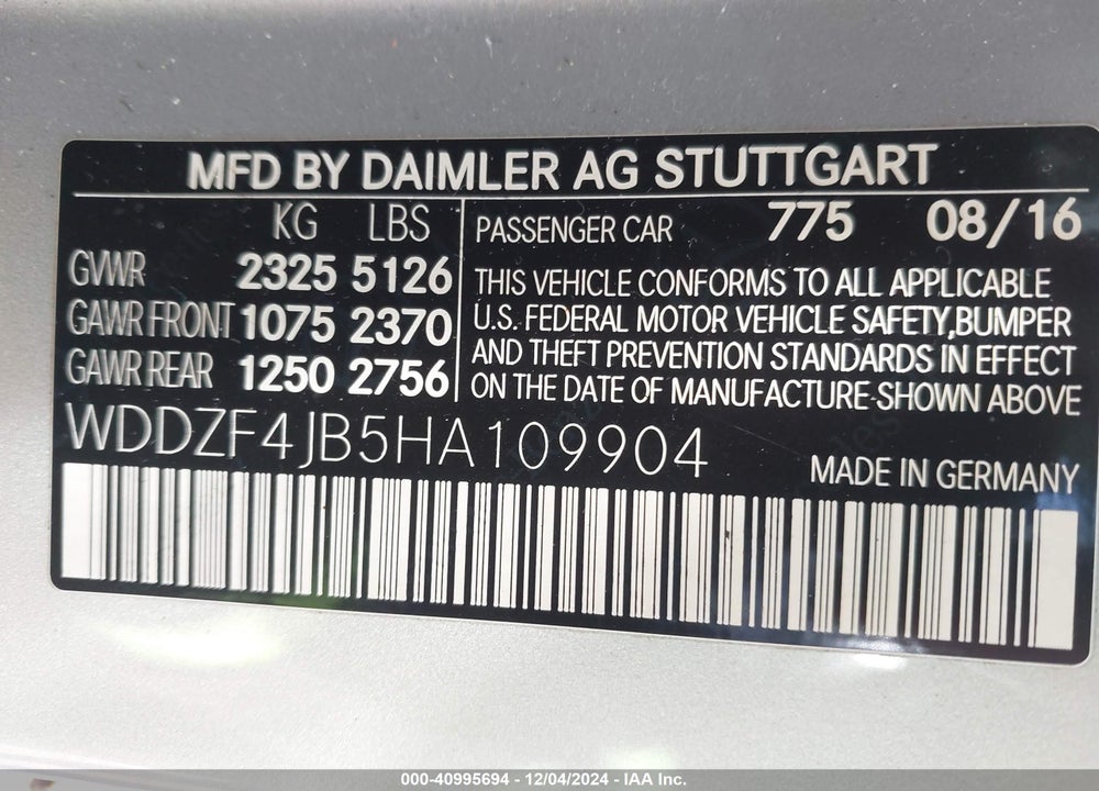 2017 MERCEDES-BENZ E 300 VIN: WDDZF4JB5HA109904