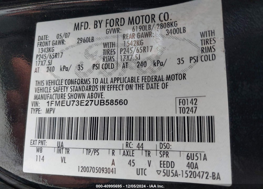 2007 FORD EXPLORER XLT VIN: 1FMEU73E27UB58560
