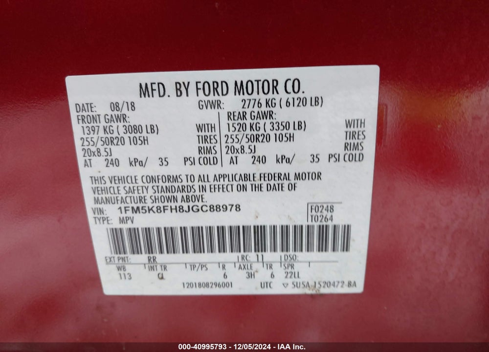 2018 FORD EXPLORER LIMITED VIN: 1FM5K8FH8JGC88978