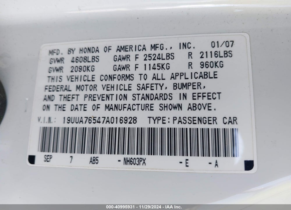 2007 ACURA TL TYPE S VIN: 19UUA76547A016928
