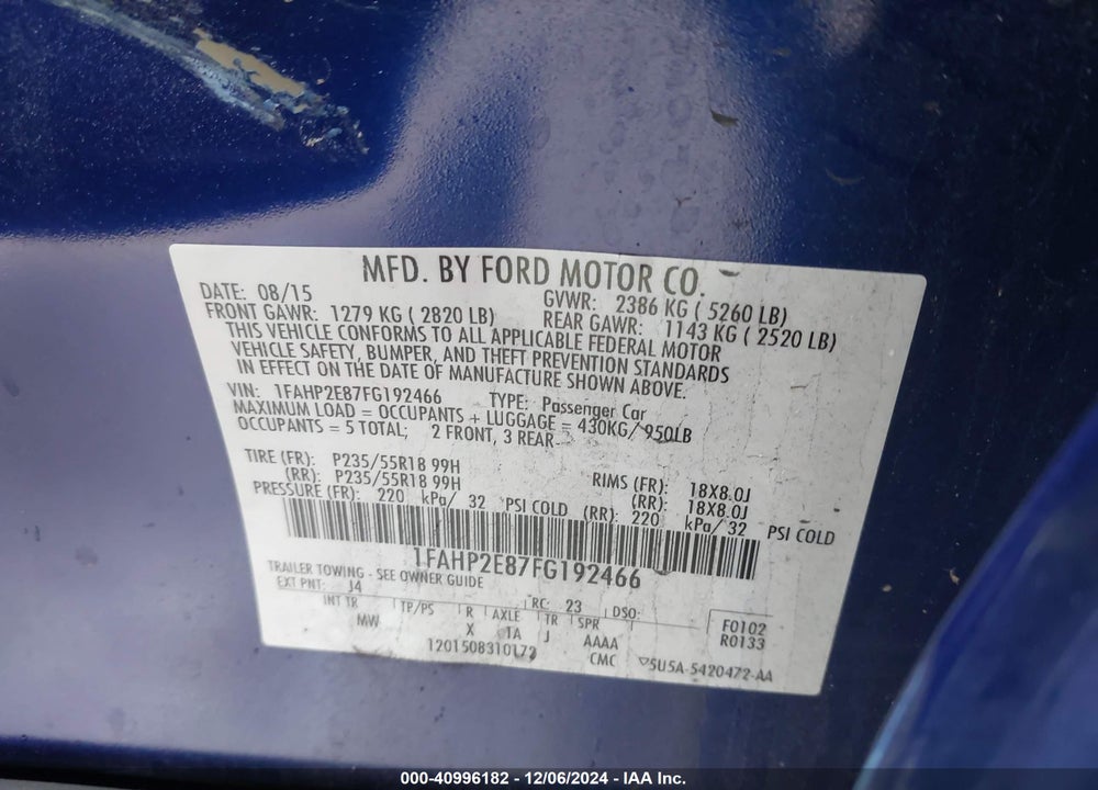 2015 FORD TAURUS SEL VIN: 1FAHP2E87FG192466