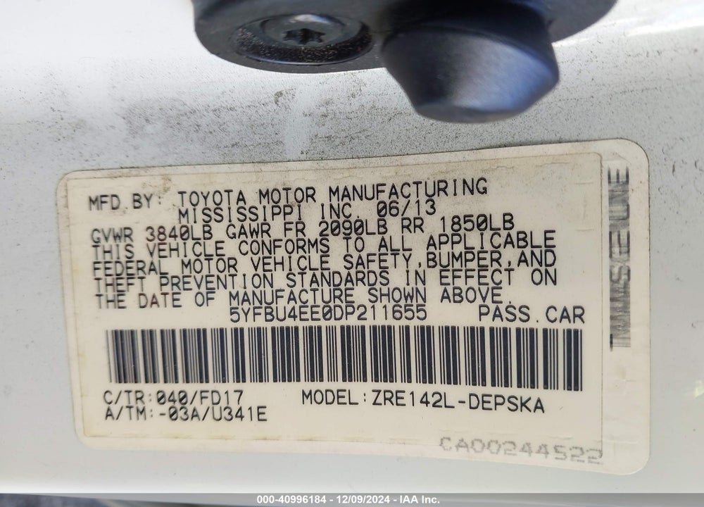 2013 TOYOTA COROLLA S VIN: 5YFBU4EE0DP211655