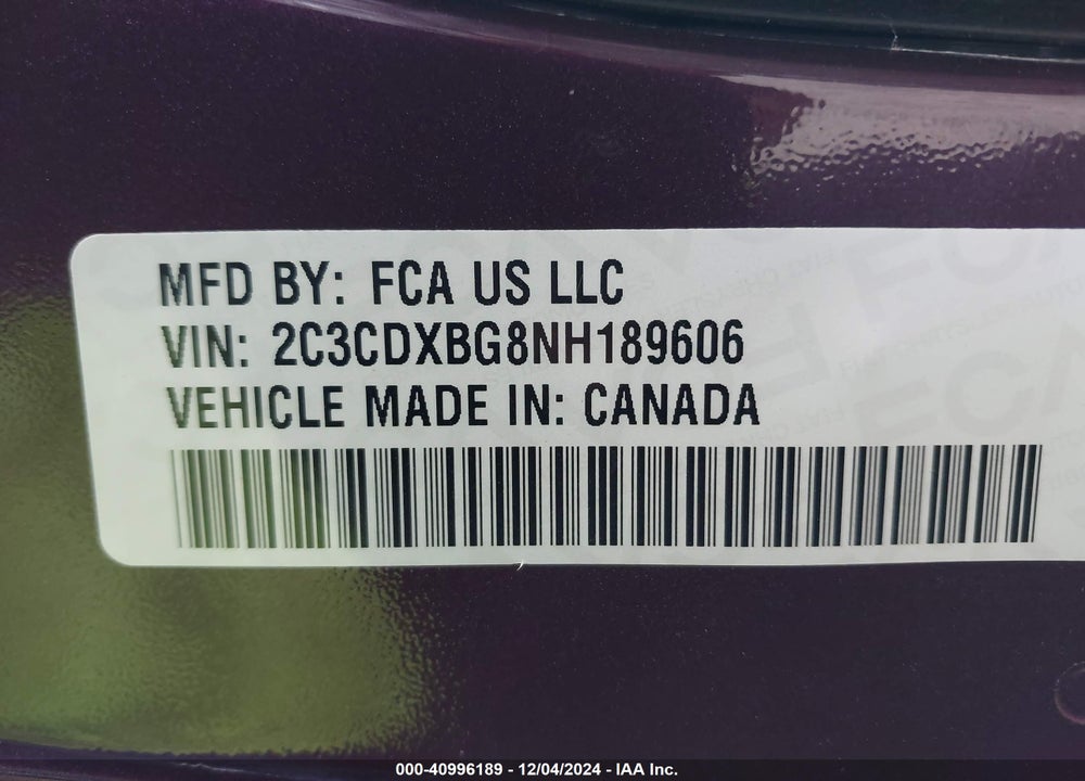 2022 DODGE CHARGER VIN: 2C3CDXBG8NH189606