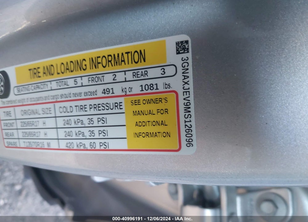 2021 CHEVROLET EQUINOX FWD 2FL VIN: 3GNAXJEV9MS126096