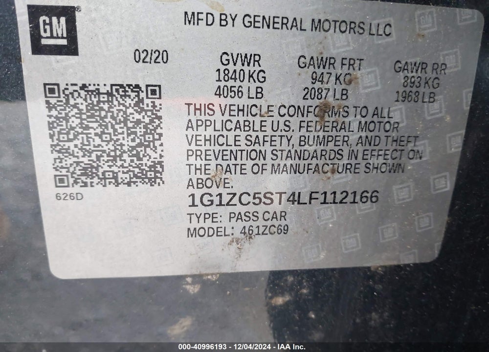 2020 CHEVROLET MALIBU FWD 1FL VIN: 1G1ZC5ST4LF112166