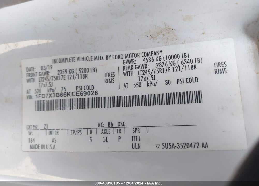 2019 FORD F-350 XL VIN: 1FD7X3B66KEE69026