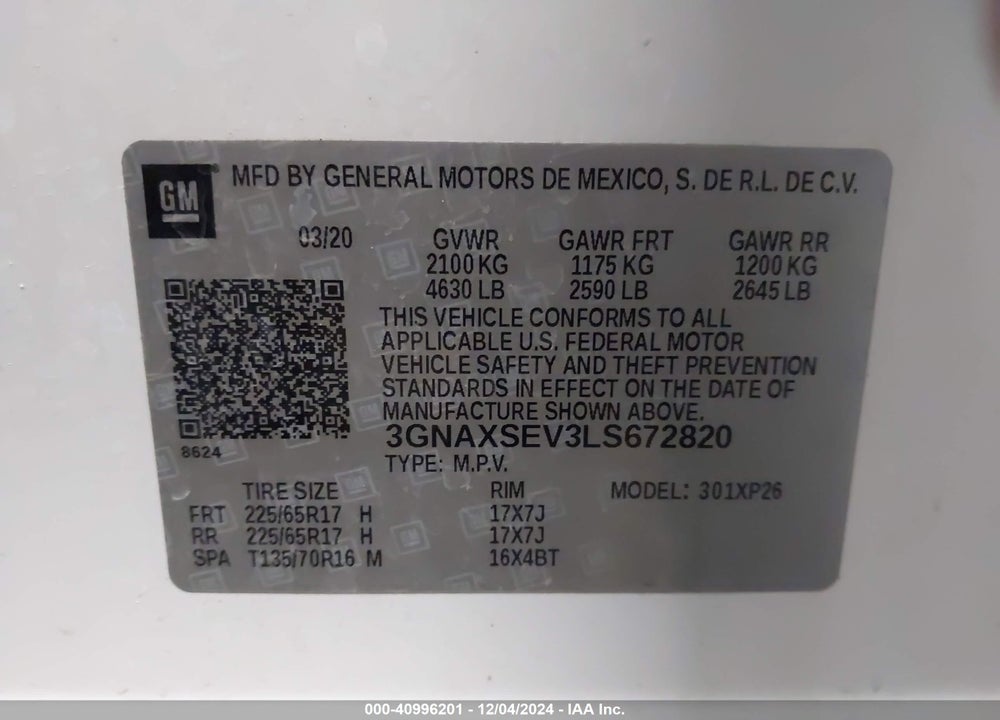 2020 CHEVROLET EQUINOX AWD LS VIN: 3GNAXSEV3LS672820