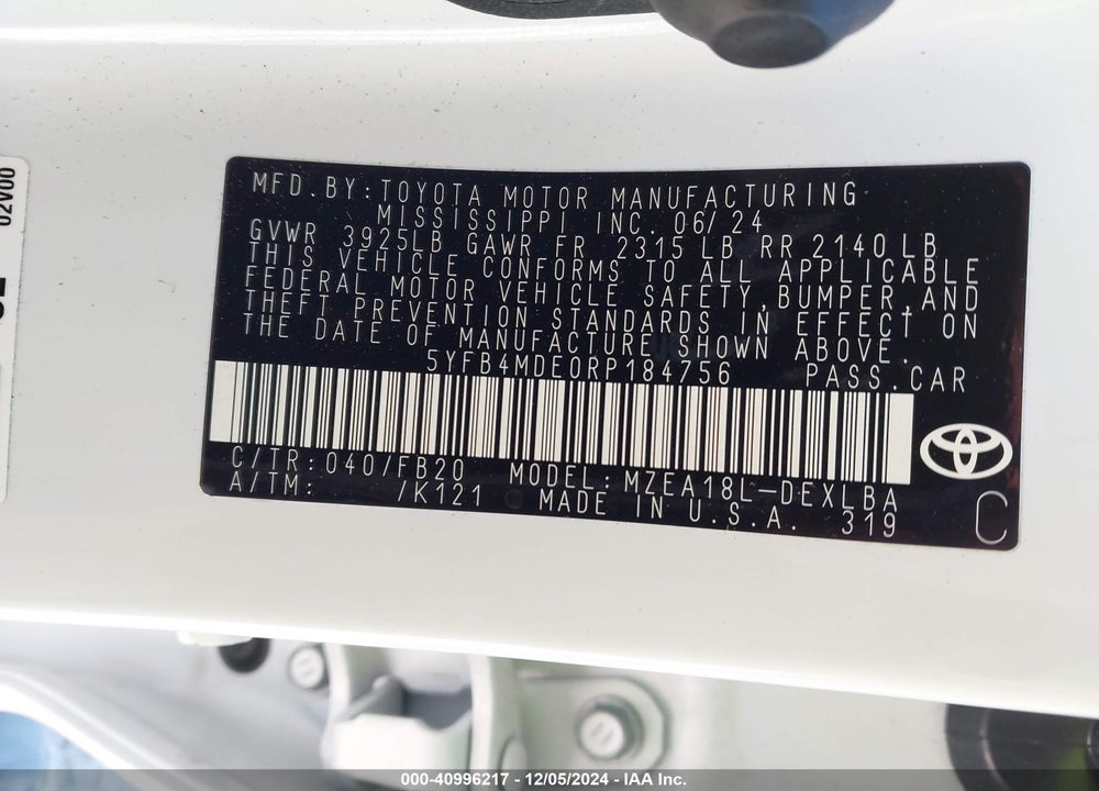 2024 TOYOTA COROLLA VIN: 5YFB4MDE0RP184756