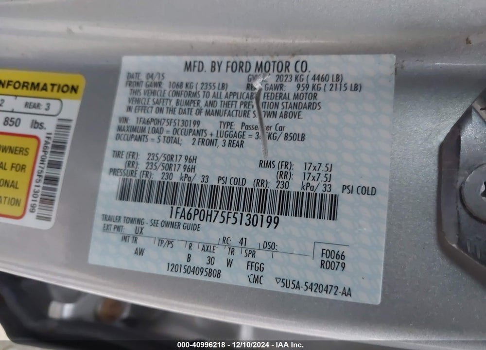 2015 FORD FUSION SE VIN: 1FA6P0H75F5130199