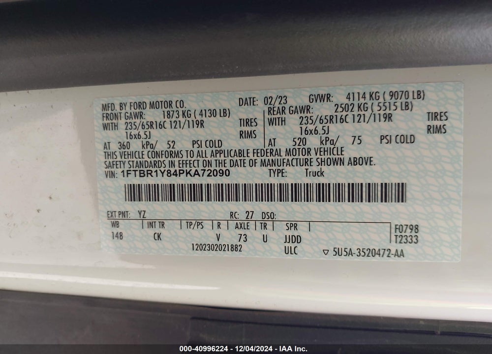 2023 FORD TRANSIT-250 CARGO VAN VIN: 1FTBR1Y84PKA72090