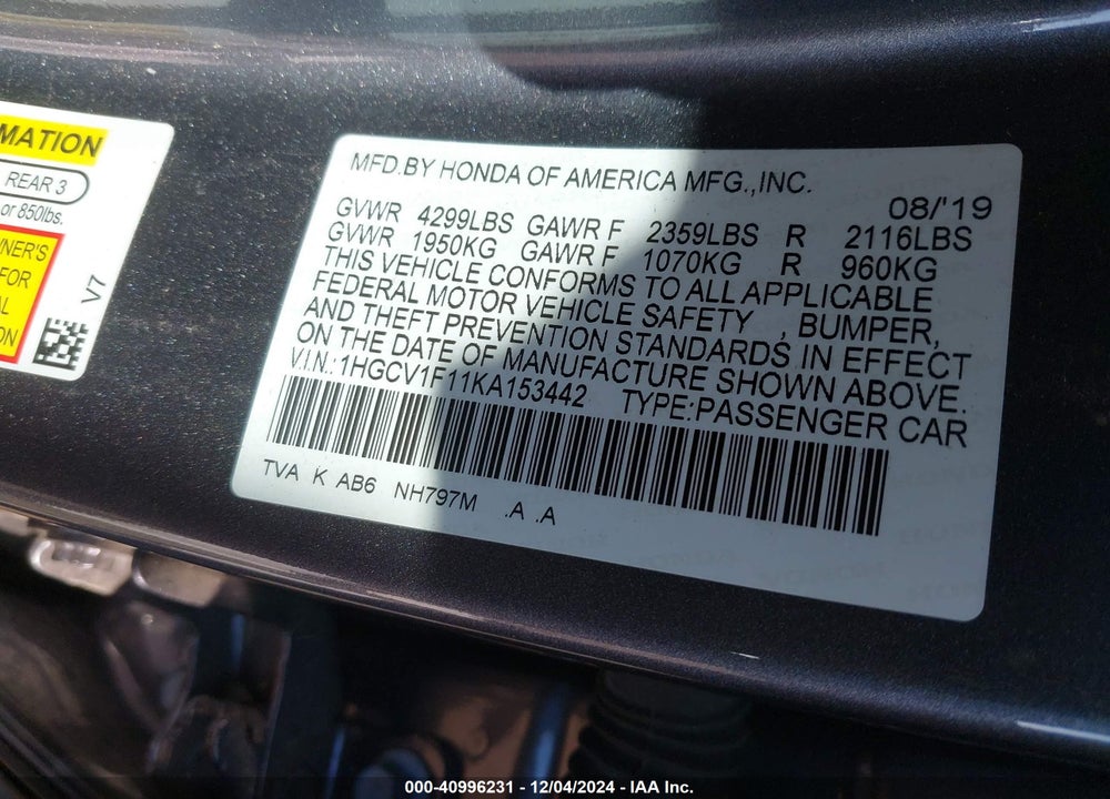 2019 HONDA ACCORD LX VIN: 1HGCV1F11KA153442
