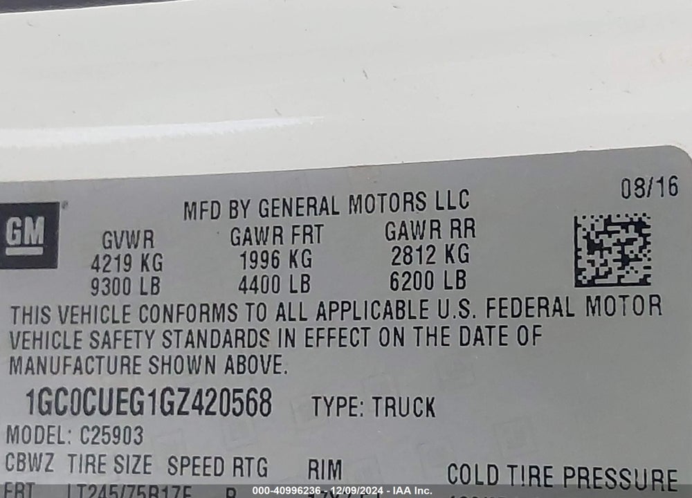 2016 CHEVROLET SILVERADO 2500HD WT VIN: 1GC0CUEG1GZ420568