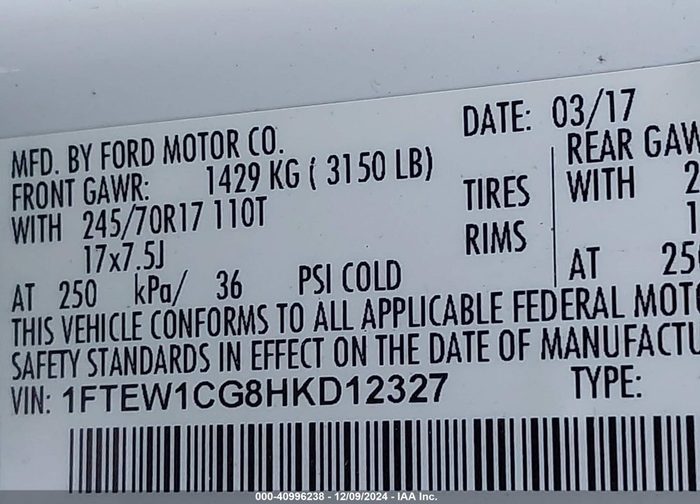 2017 FORD F-150 XL VIN: 1FTEW1CG8HKD12327