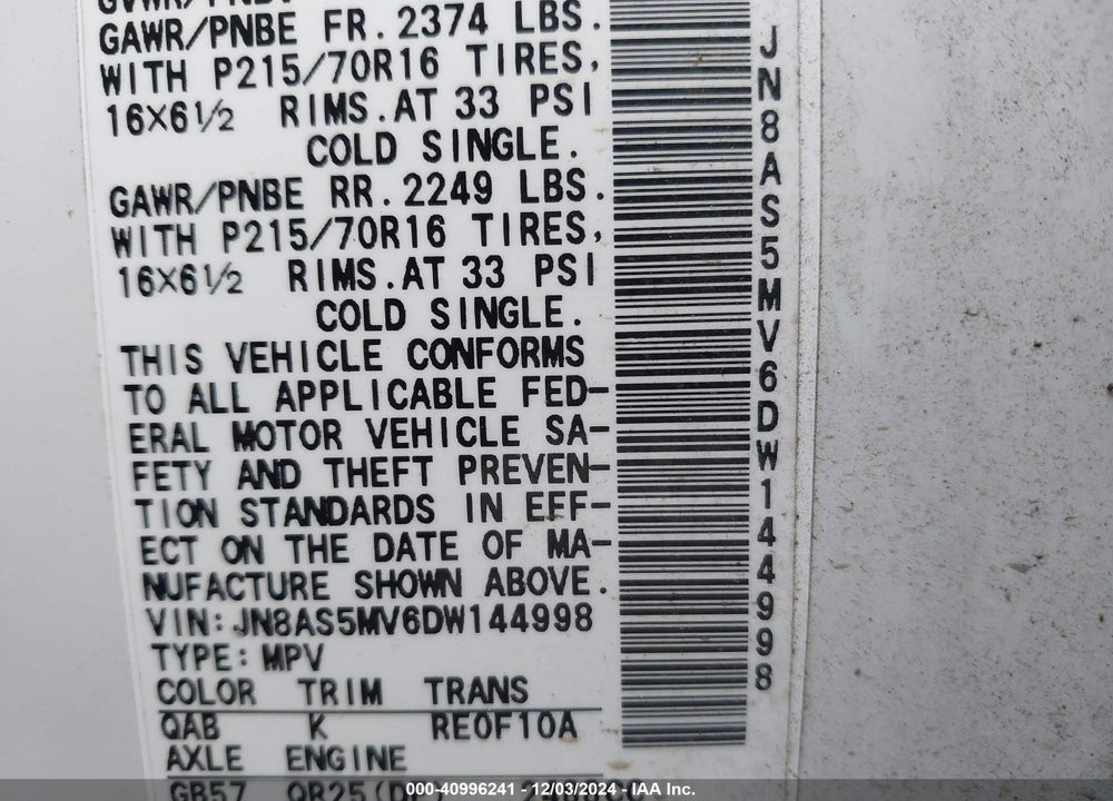 2013 NISSAN ROGUE S VIN: JN8AS5MV6DW144998
