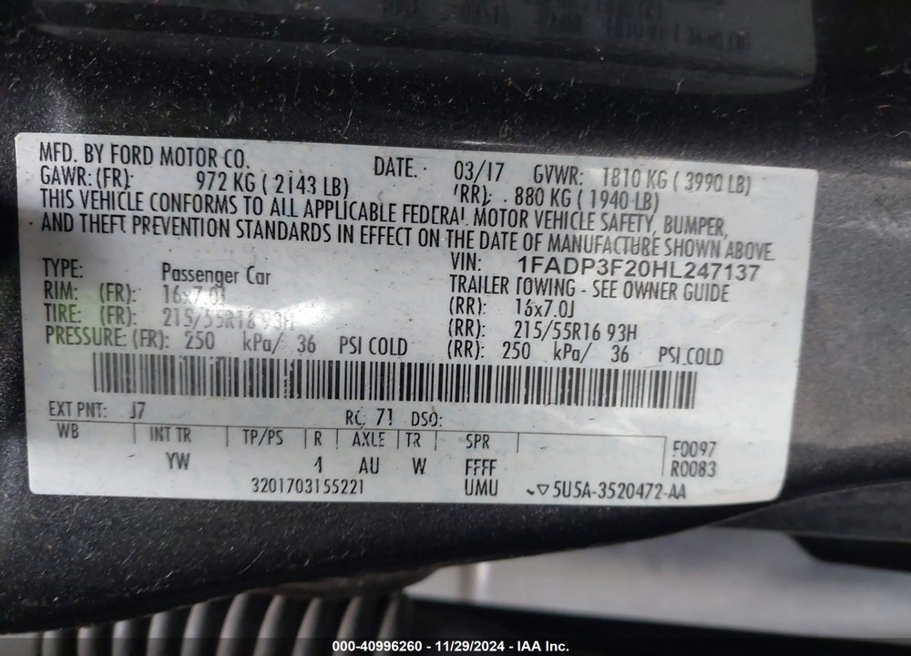 2017 FORD FOCUS SE VIN: 1FADP3F20HL247137