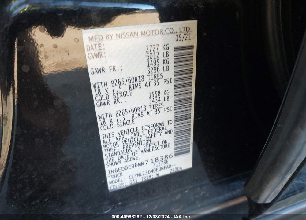 2021 NISSAN FRONTIER SV 4X4 VIN: 1N6ED0EB6MN718386