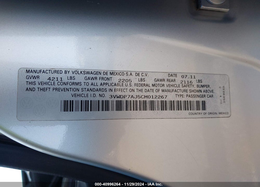 2012 VOLKSWAGEN JETTA 2.5L SE VIN: 3VWDP7AJ5CM012267