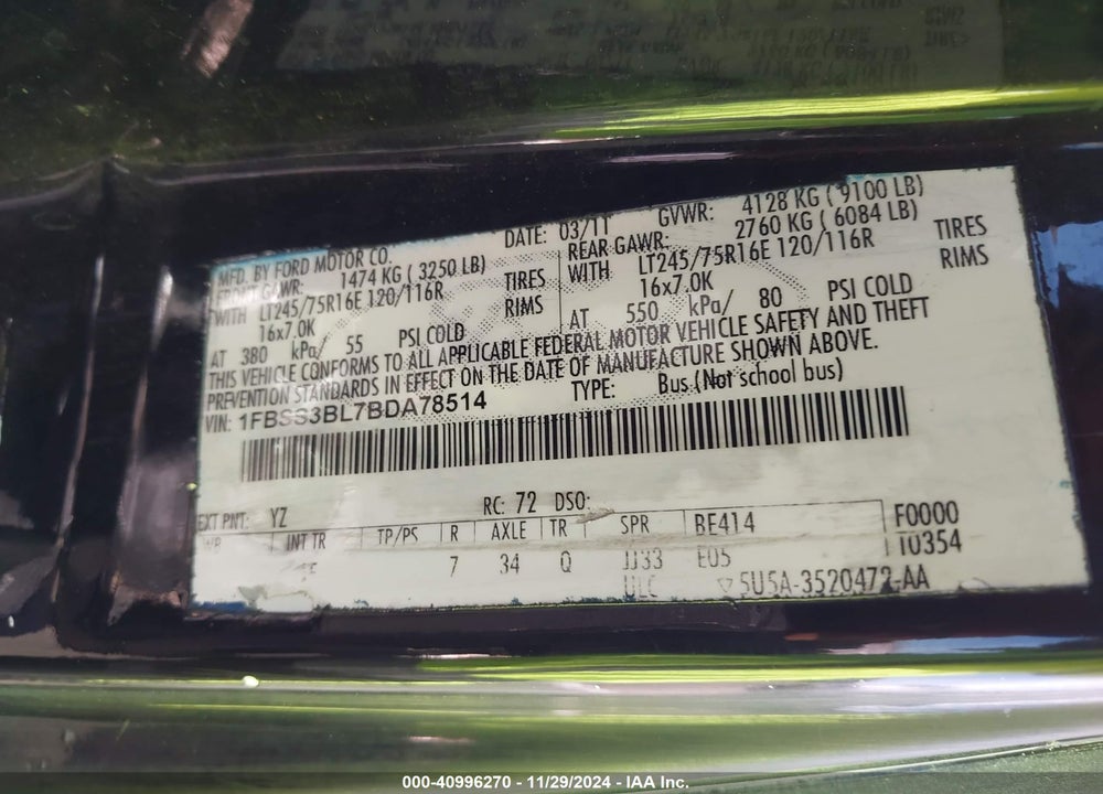 2011 FORD E-350 SUPER DUTY XL VIN: 1FBSS3BL7BDA78514
