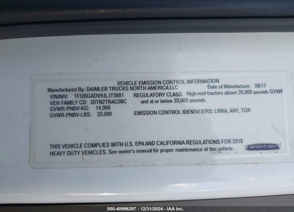 2018 FREIGHTLINER CASCADIA 113 VIN: 1FUBGADV9JLJT5681