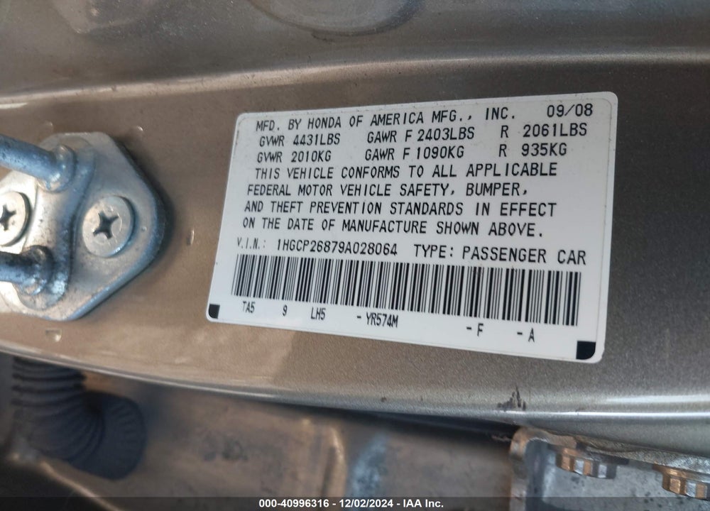 2009 HONDA ACCORD VIN: 1HGCP26879A028064