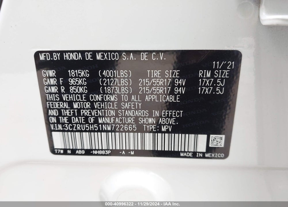 2022 HONDA HR-V 2WD EX VIN: 3CZRU5H51NM722665