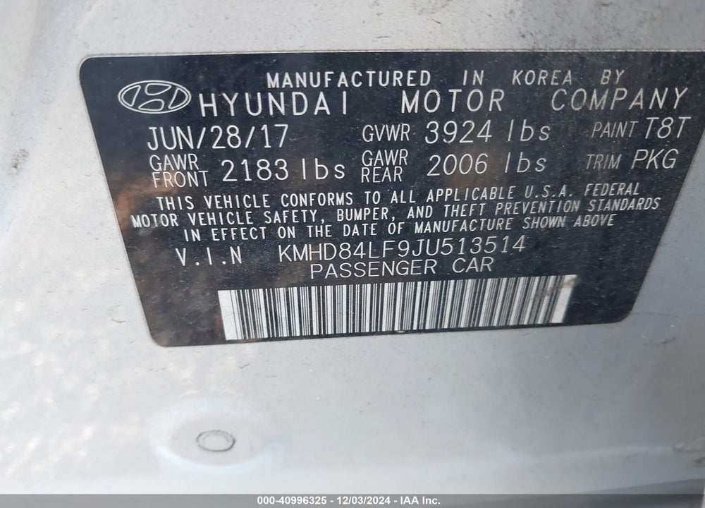 2018 HYUNDAI ELANTRA SEL VIN: KMHD84LF9JU513514