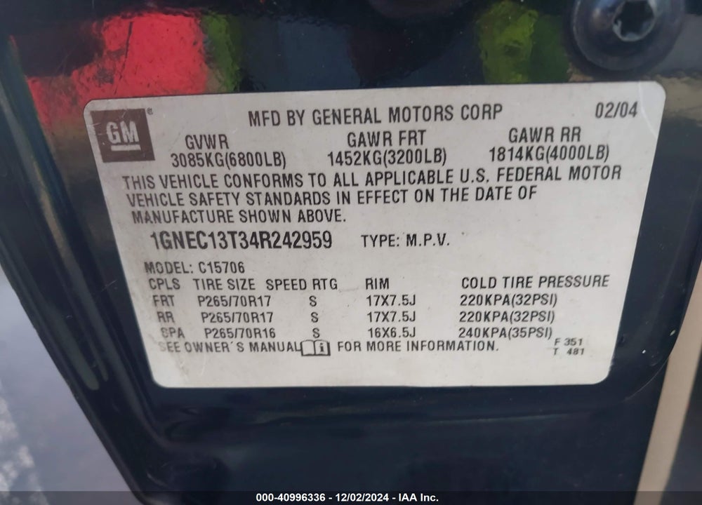 2004 CHEVROLET TAHOE LT VIN: 1GNEC13T34R242959