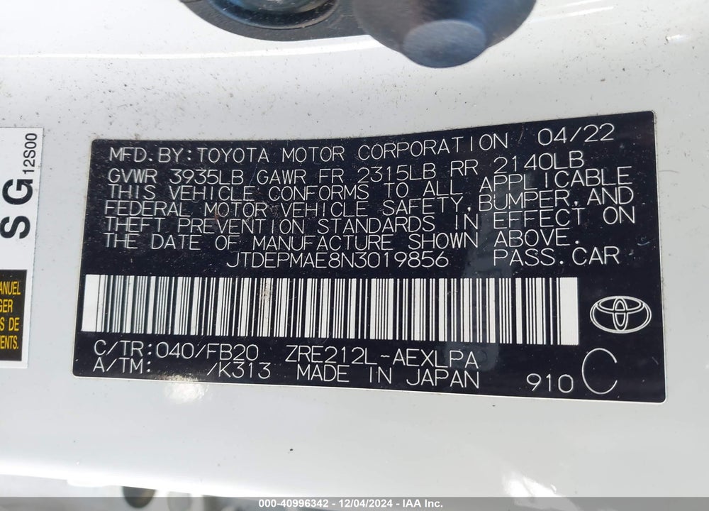2022 TOYOTA COROLLA LE VIN: JTDEPMAE8N3019856