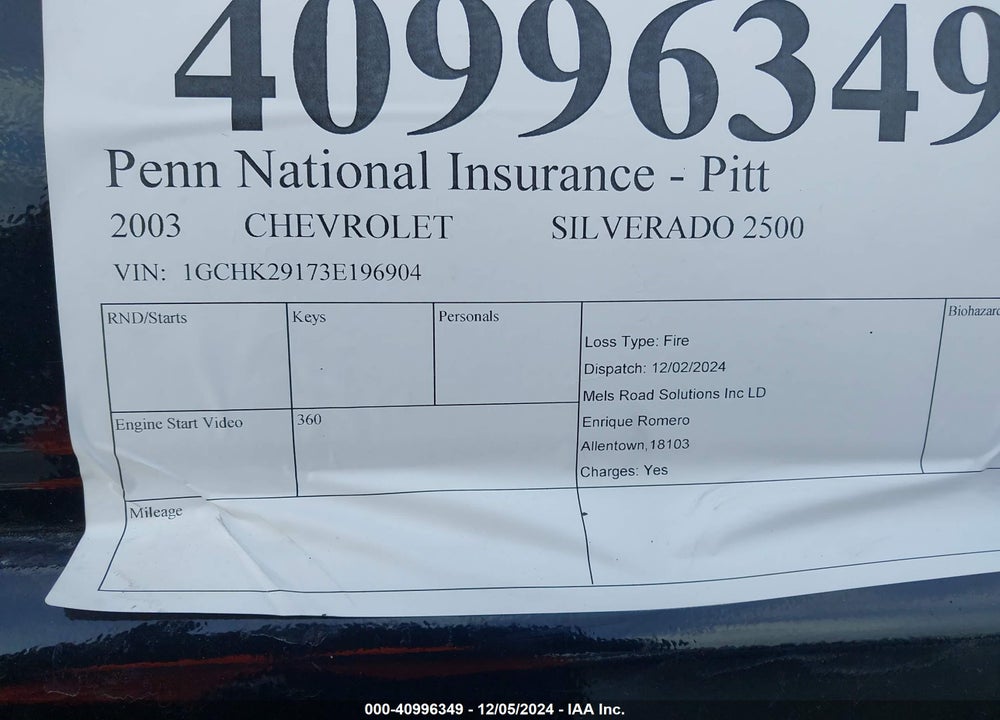 2003 CHEVROLET SILVERADO 2500HD LS VIN: 1GCHK29173E196904