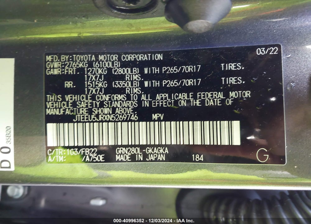 2022 TOYOTA 4RUNNER SR5 VIN: JTEEU5JRXN5269746
