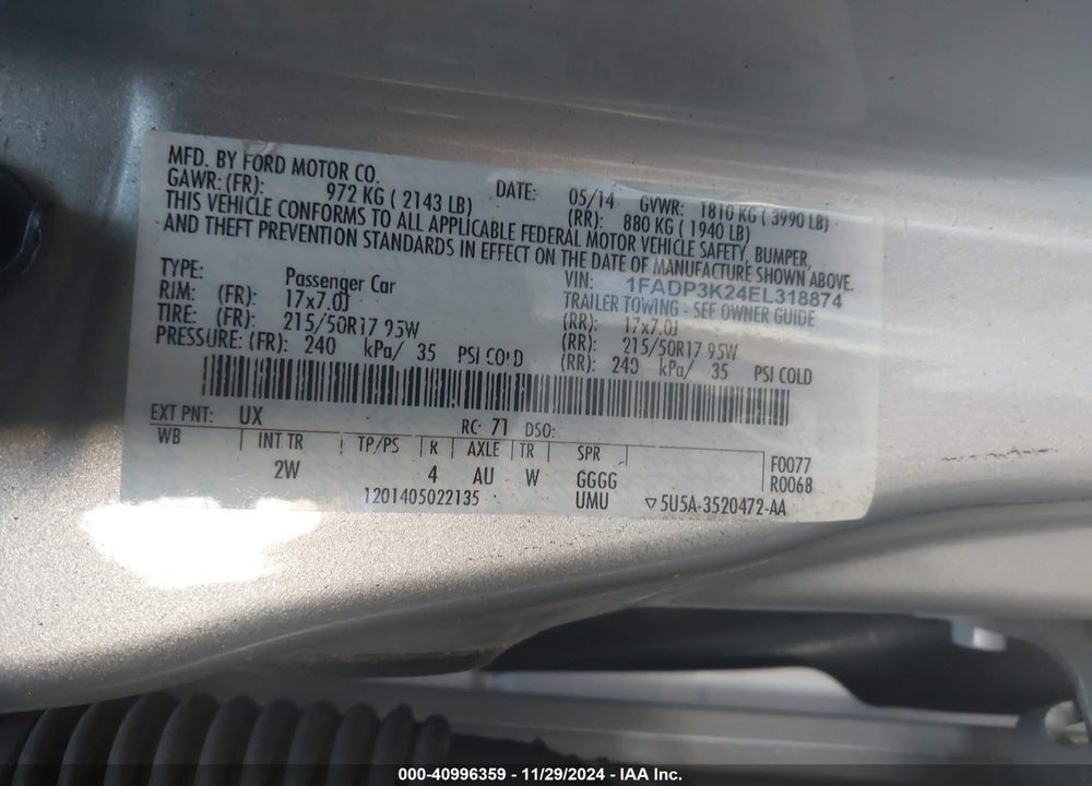 2014 FORD FOCUS SE VIN: 1FADP3K24EL318874