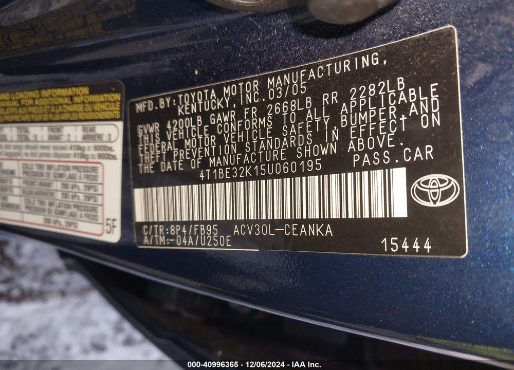 2005 TOYOTA CAMRY LE VIN: 4T1BE32K15U060195