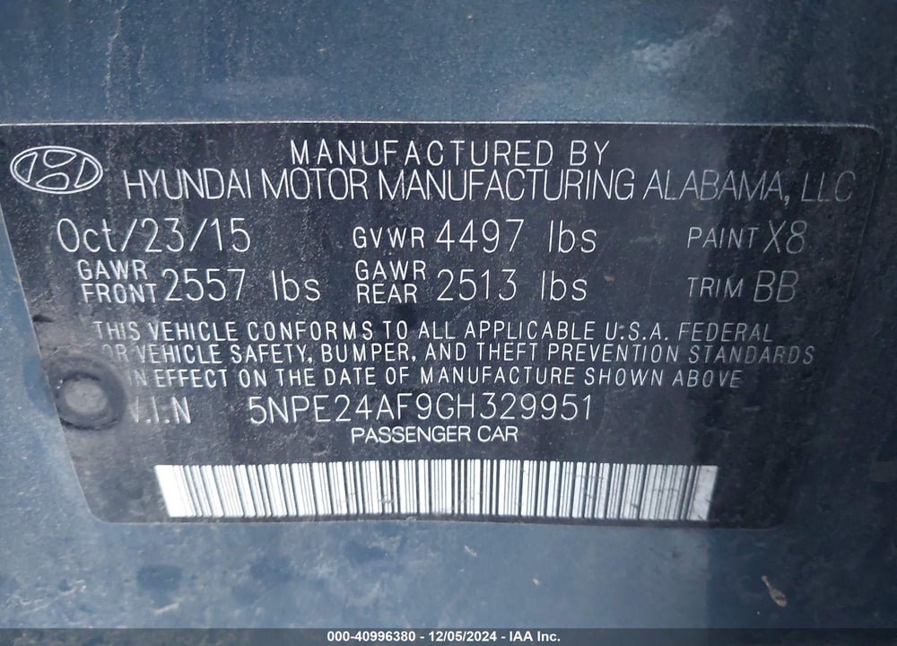 2016 HYUNDAI SONATA SE VIN: 5NPE24AF9GH329951