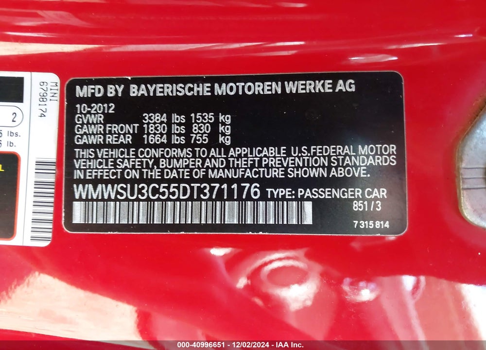 2013 MINI HARDTOP COOPER VIN: WMWSU3C55DT371176