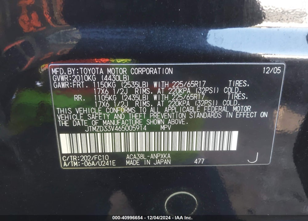 2006 TOYOTA RAV4 VIN: JTMZD33V465005914