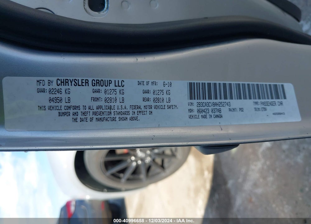 2010 DODGE CHARGER SXT VIN: 2B3CA3CV8AH252743