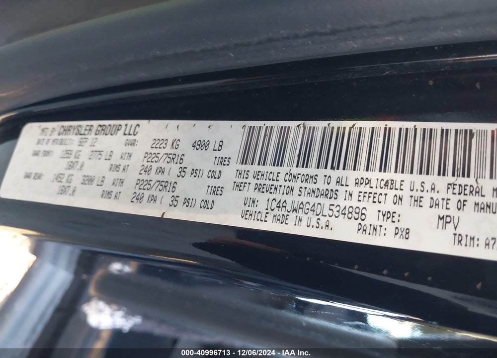 2013 JEEP WRANGLER SPORT VIN: 1C4AJWAG4DL534896