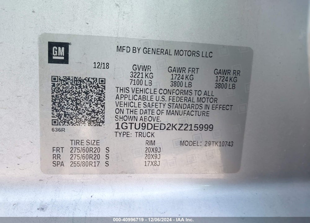 2019 GMC SIERRA VIN: 1GTU9DED2KZ215999