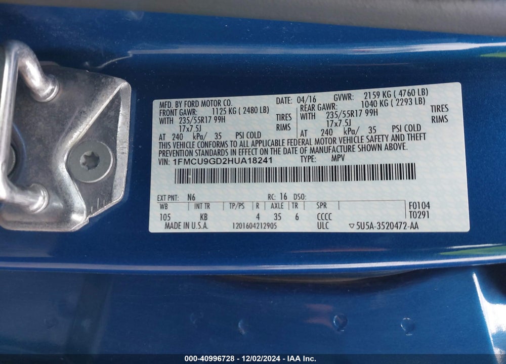 2017 FORD ESCAPE SE VIN: 1FMCU9GD2HUA18241