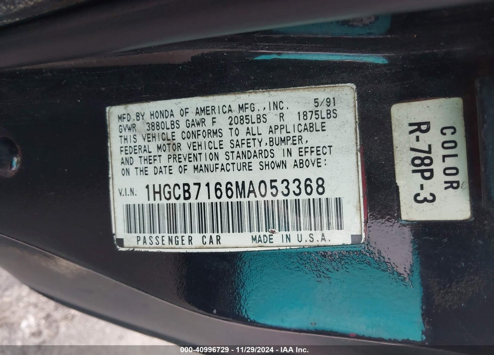 1991 HONDA ACCORD EX/EX-R VIN: 1HGCB7166MA053368