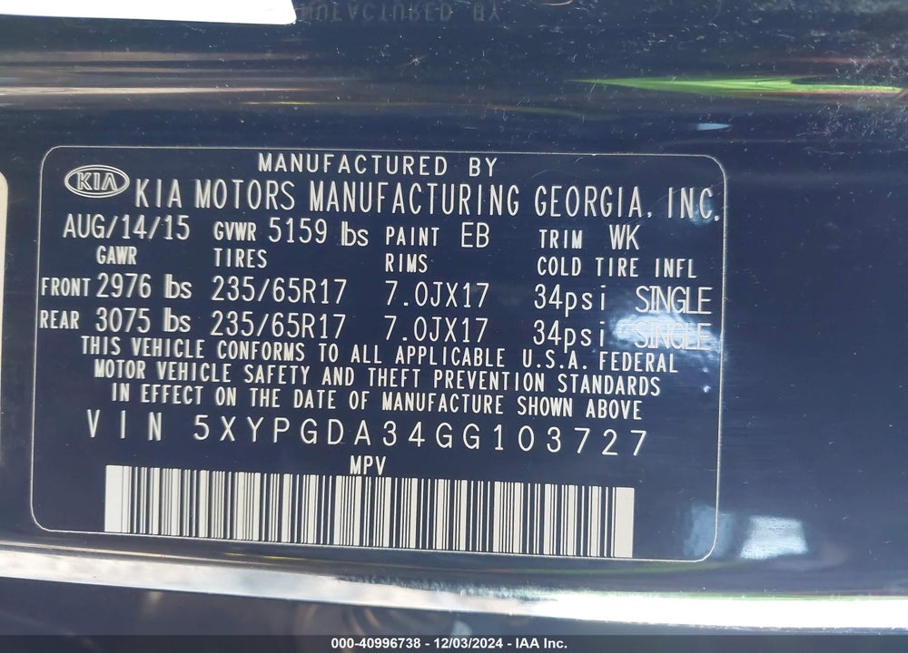 2016 KIA SORENTO 2.4L LX VIN: 5XYPGDA34GG103727