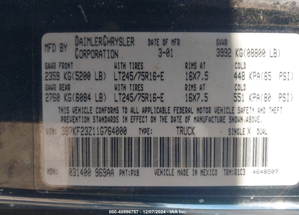 2001 DODGE RAM 2500 ST VIN: 3B7KF23Z11G764000