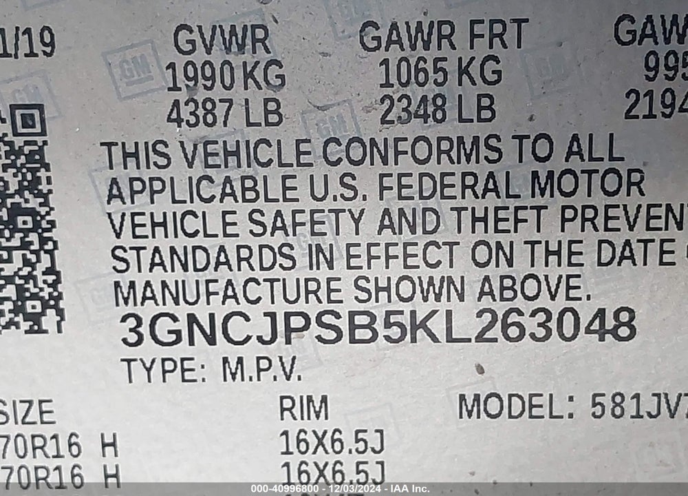 2019 CHEVROLET TRAX LT VIN: 3GNCJPSB5KL263048